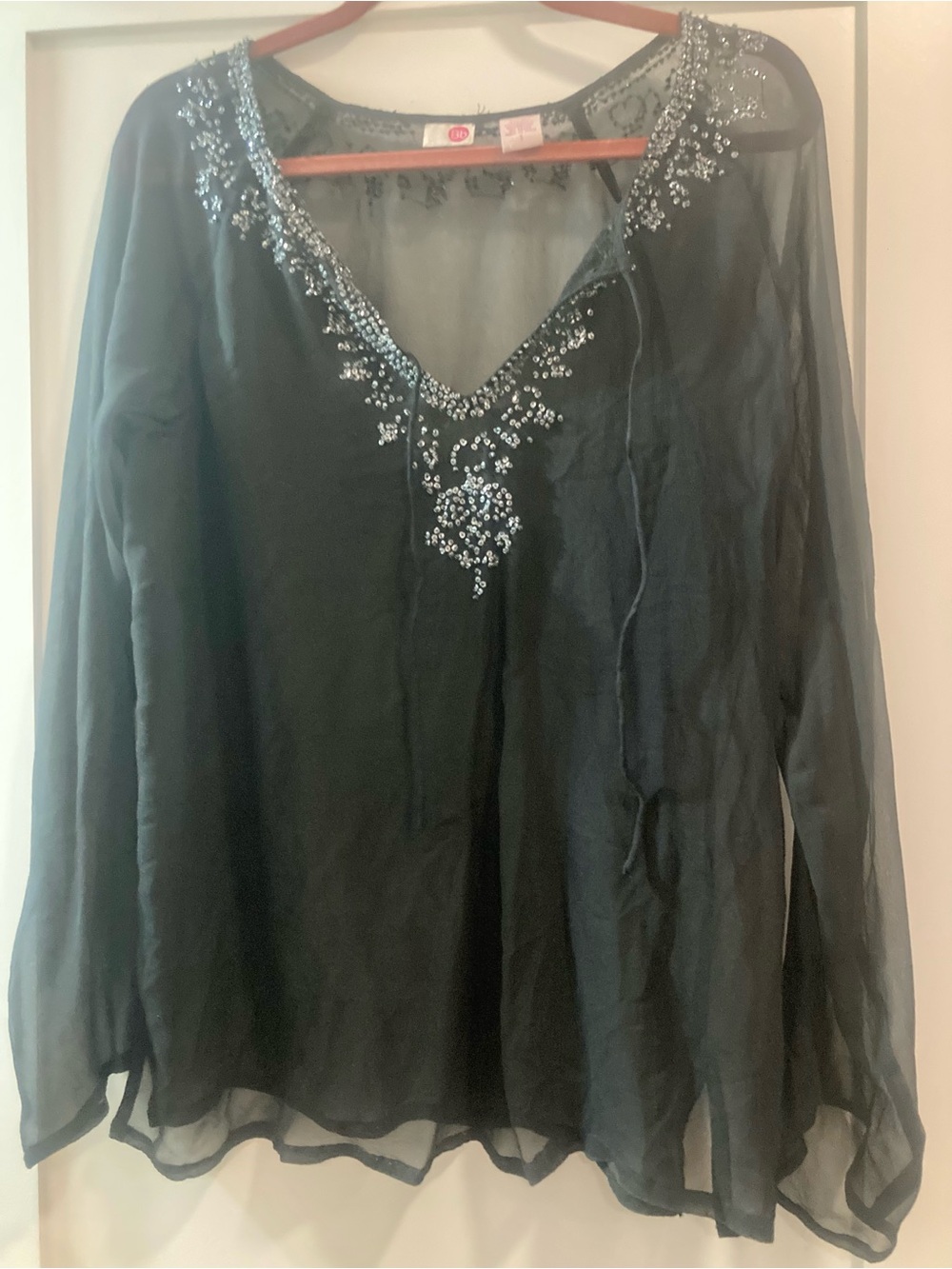 Navy Sheer Silk Sequin V-Neck Blouse